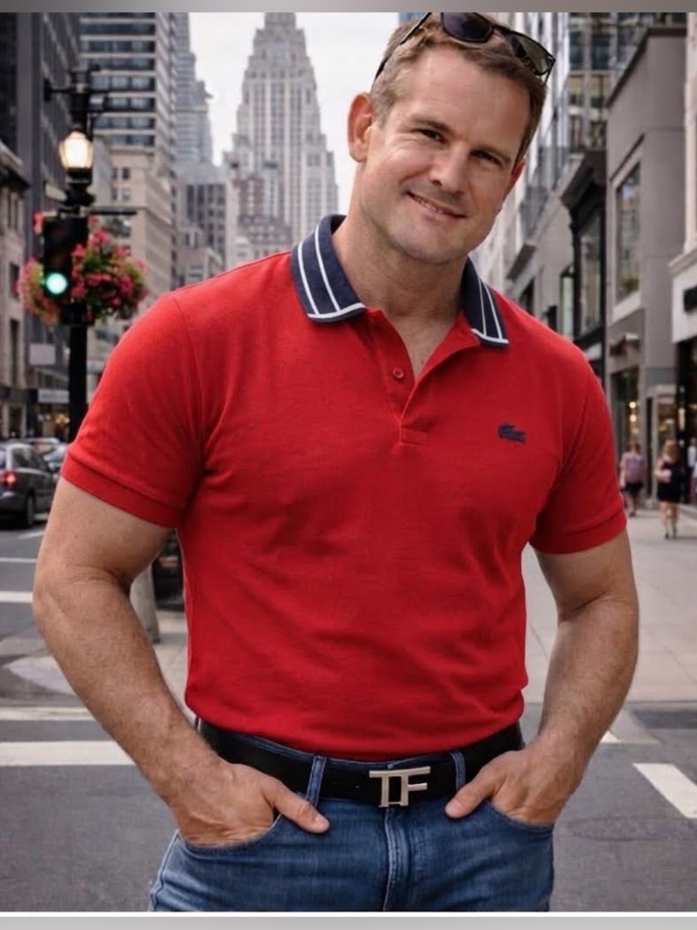 Lacoste Red Polo with Navy Contrast Collar